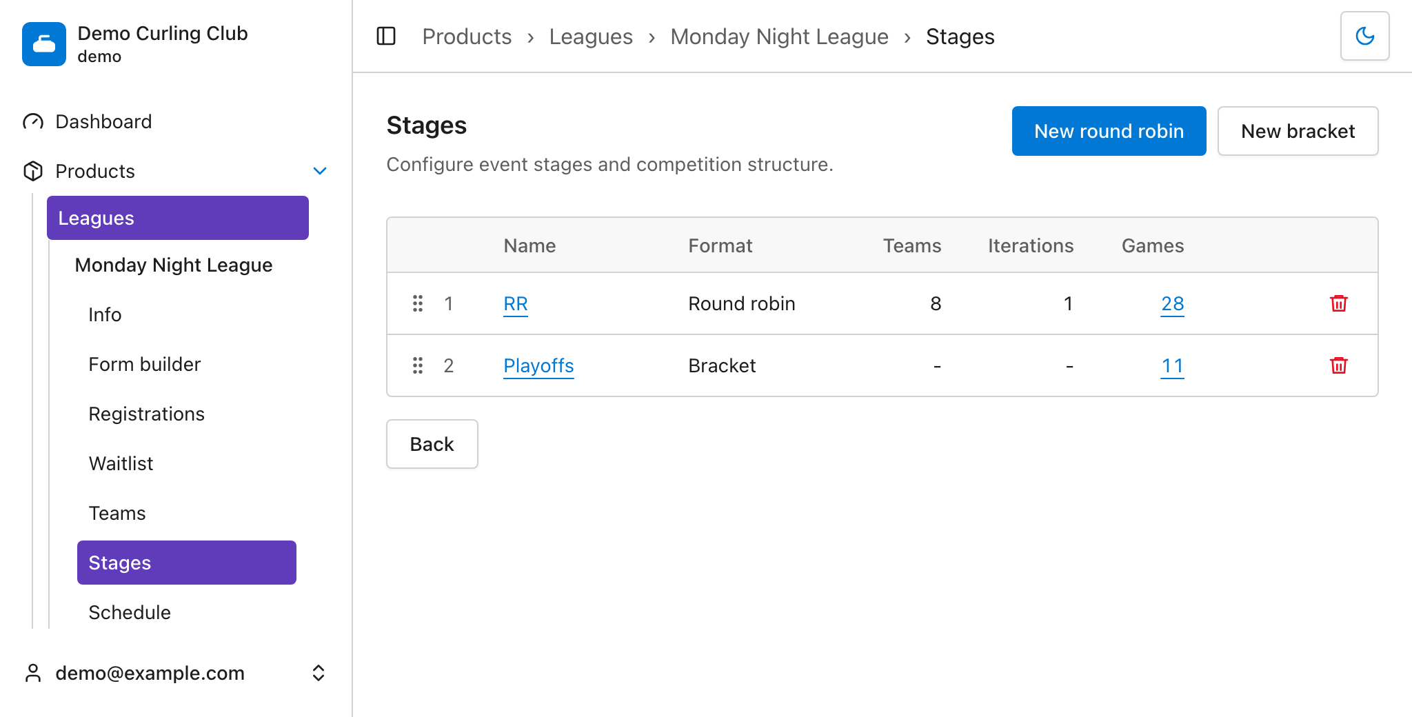 List of stages showing a round robin and playoff bracket