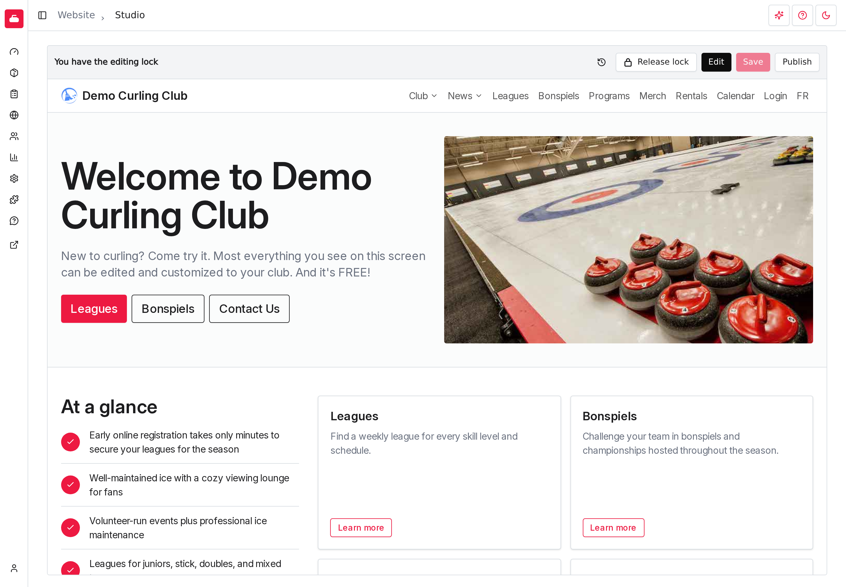 Studio after saving a draft: the homepage heading has changed in the preview and Publish is now available.