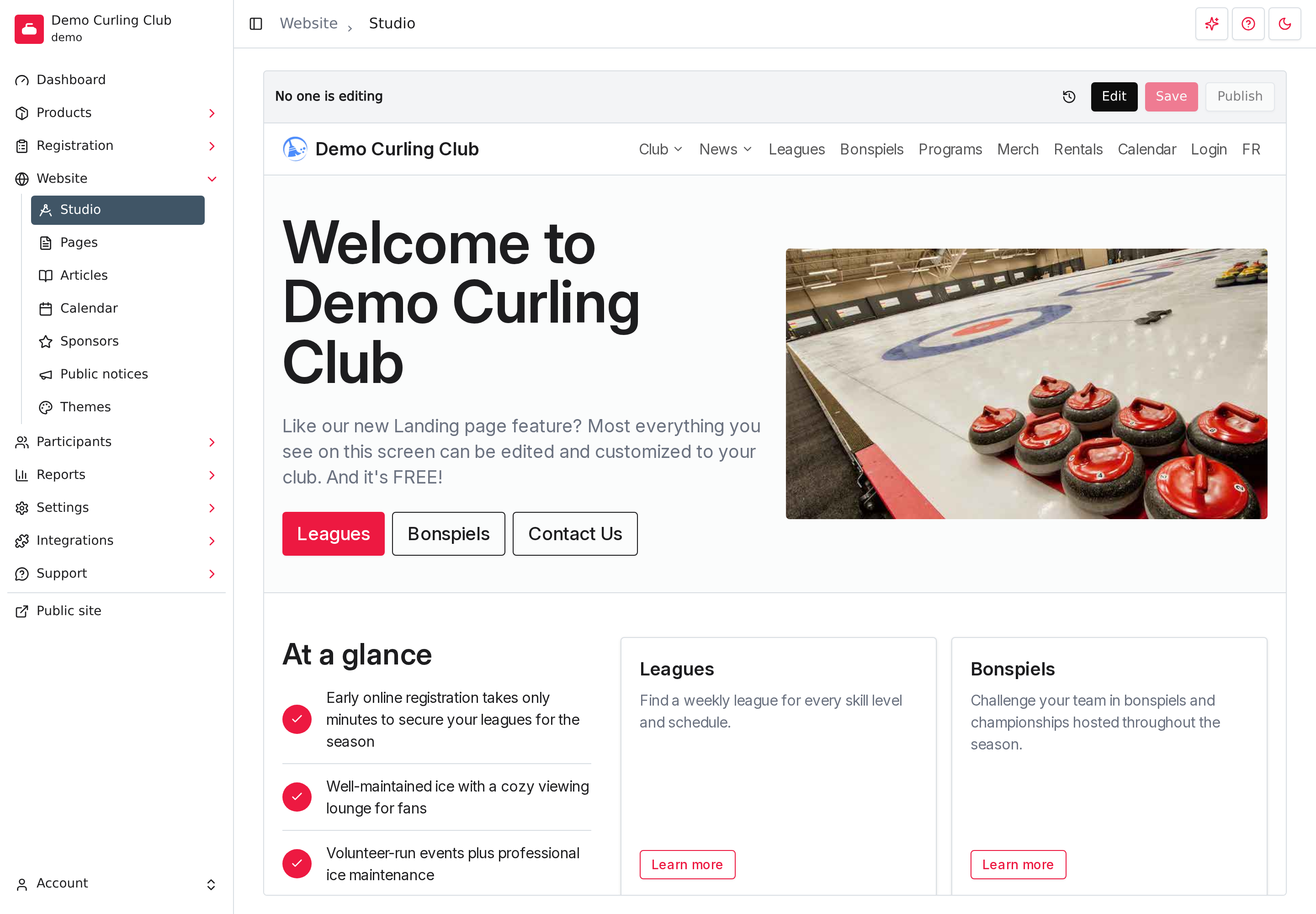 Studio with the Website section open in the navigation, the editing lock status, the History of changes, Edit, Save, and Publish controls, and a preview of the Demo Curling Club homepage.