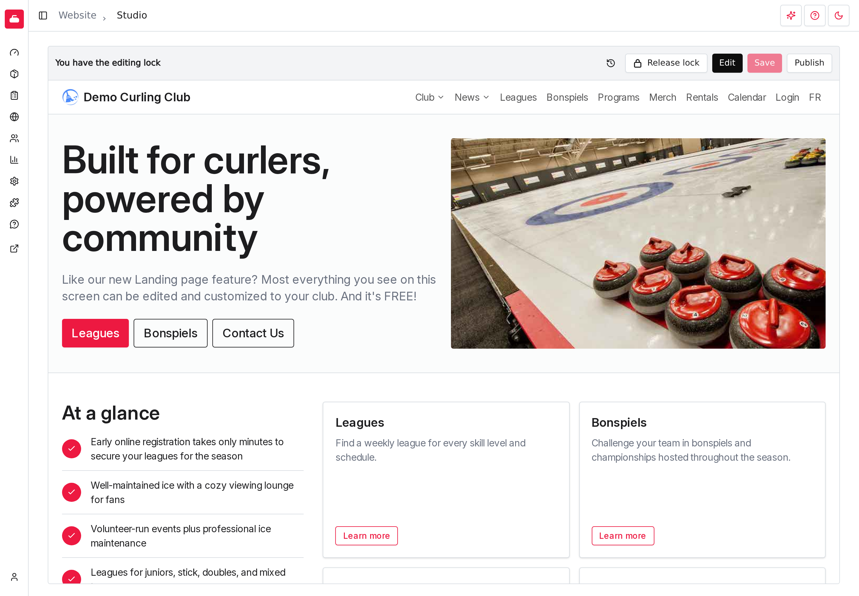 Studio after restoring the original homepage design, showing the earlier heading in the preview and Publish available.