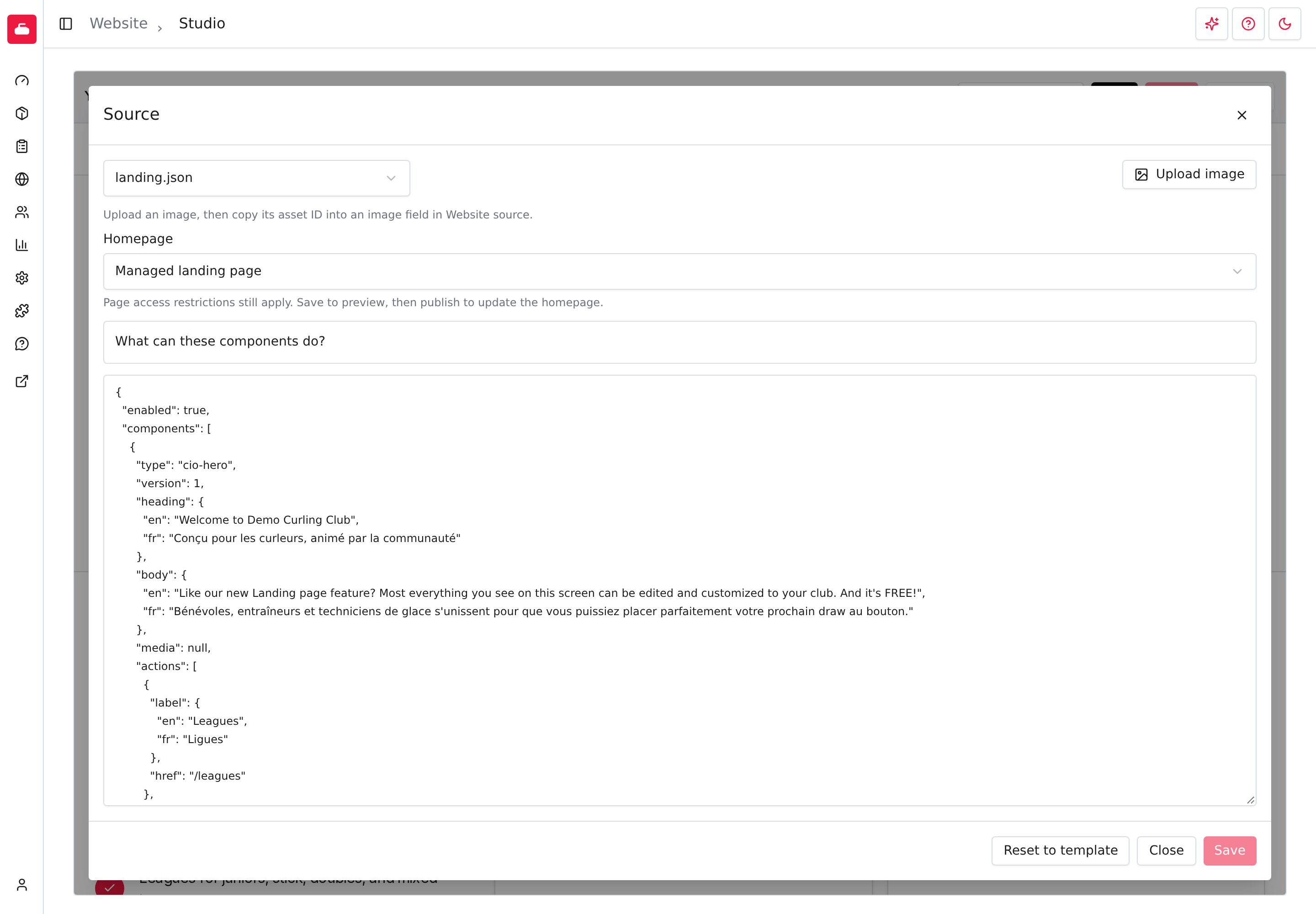 The Source editor with landing.json selected, the Homepage choice, and the structured text of the homepage sections.