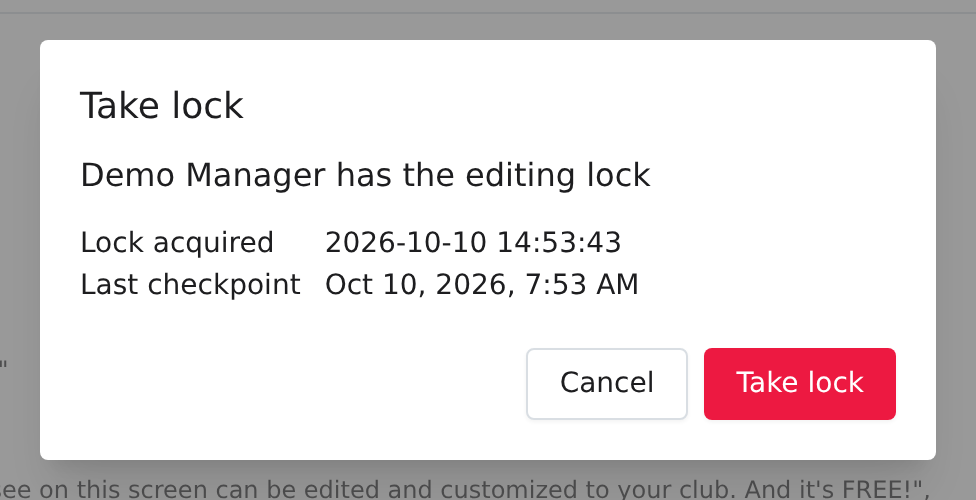 The Take lock confirmation showing the current holder, when the lock was acquired, and the last checkpoint.