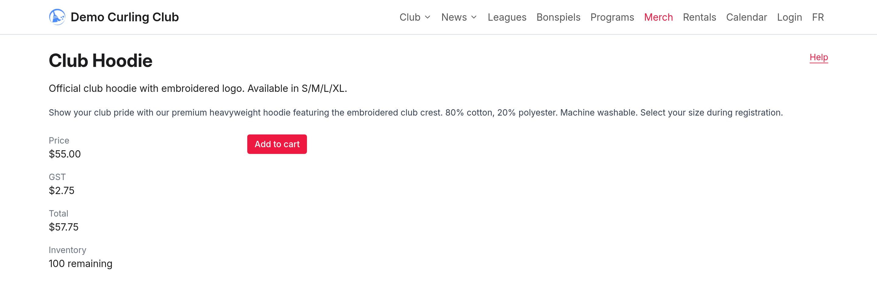 The public page for a hoodie showing a $55.00 price, $2.75 of GST, and a $57.75 total.