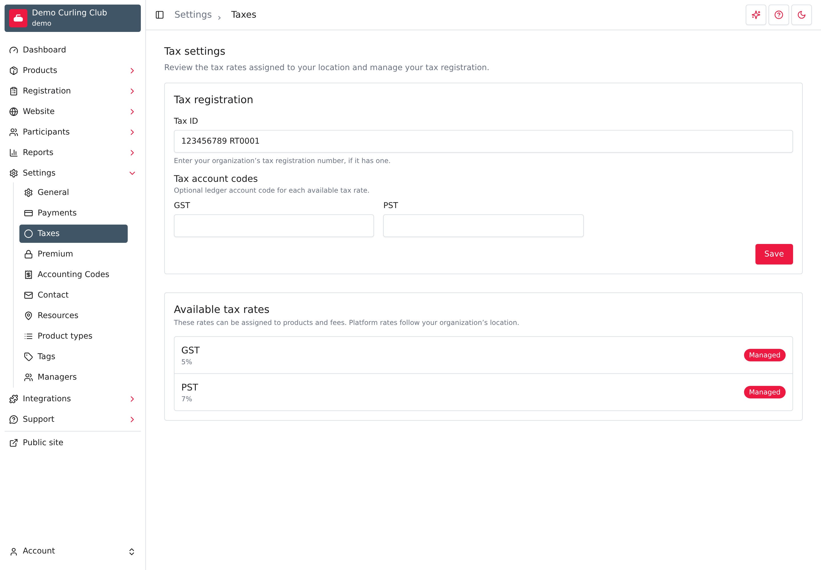 Tax settings with a tax ID, accounting codes for GST and PST, and the two available tax rates, with the Settings menu open and Taxes highlighted.