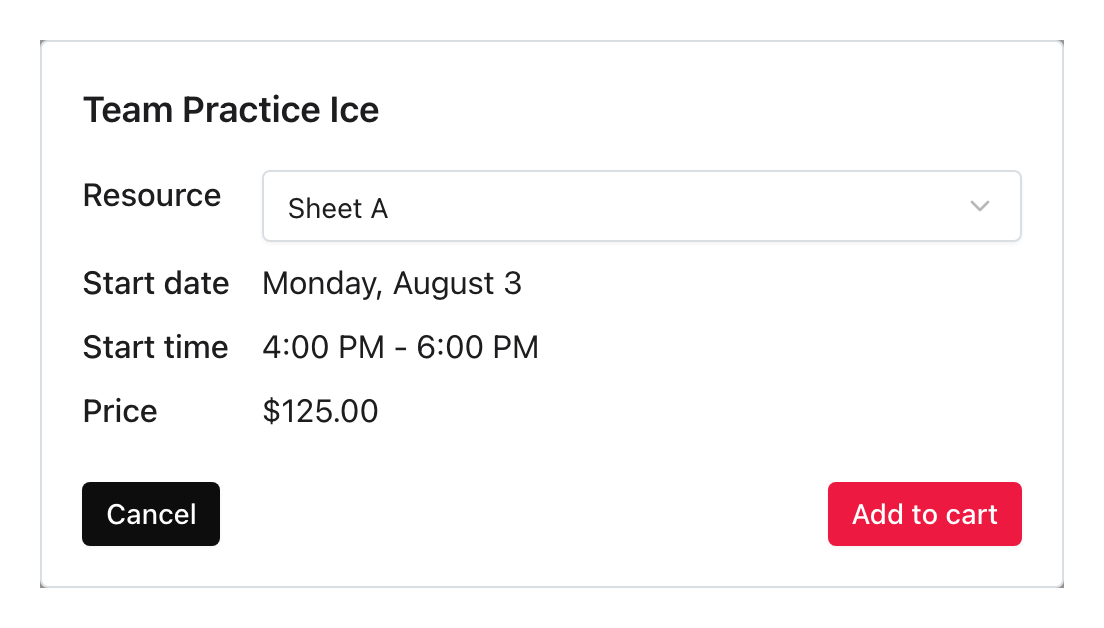 Team Practice Ice booking details with Sheet A selected.