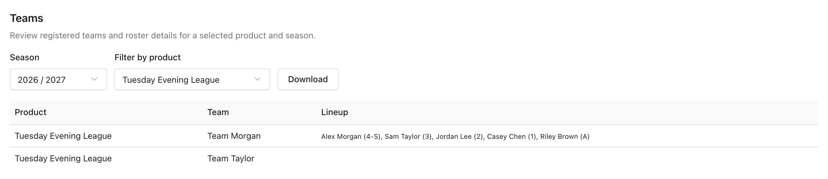 Teams report filtered to Tuesday Evening League, including an empty lineup