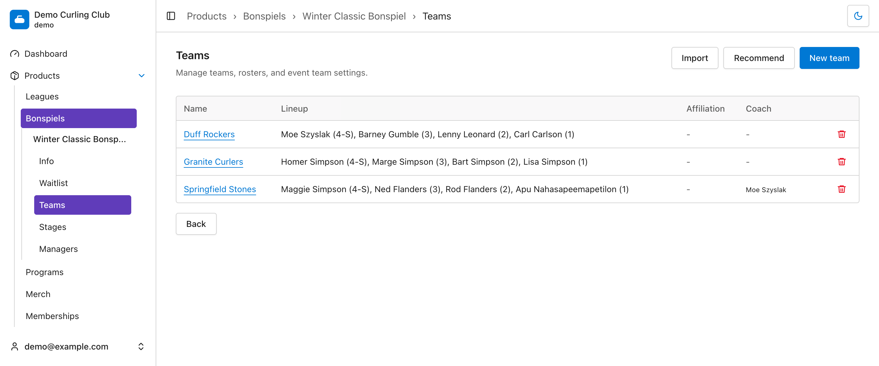 Teams with their assigned lineups