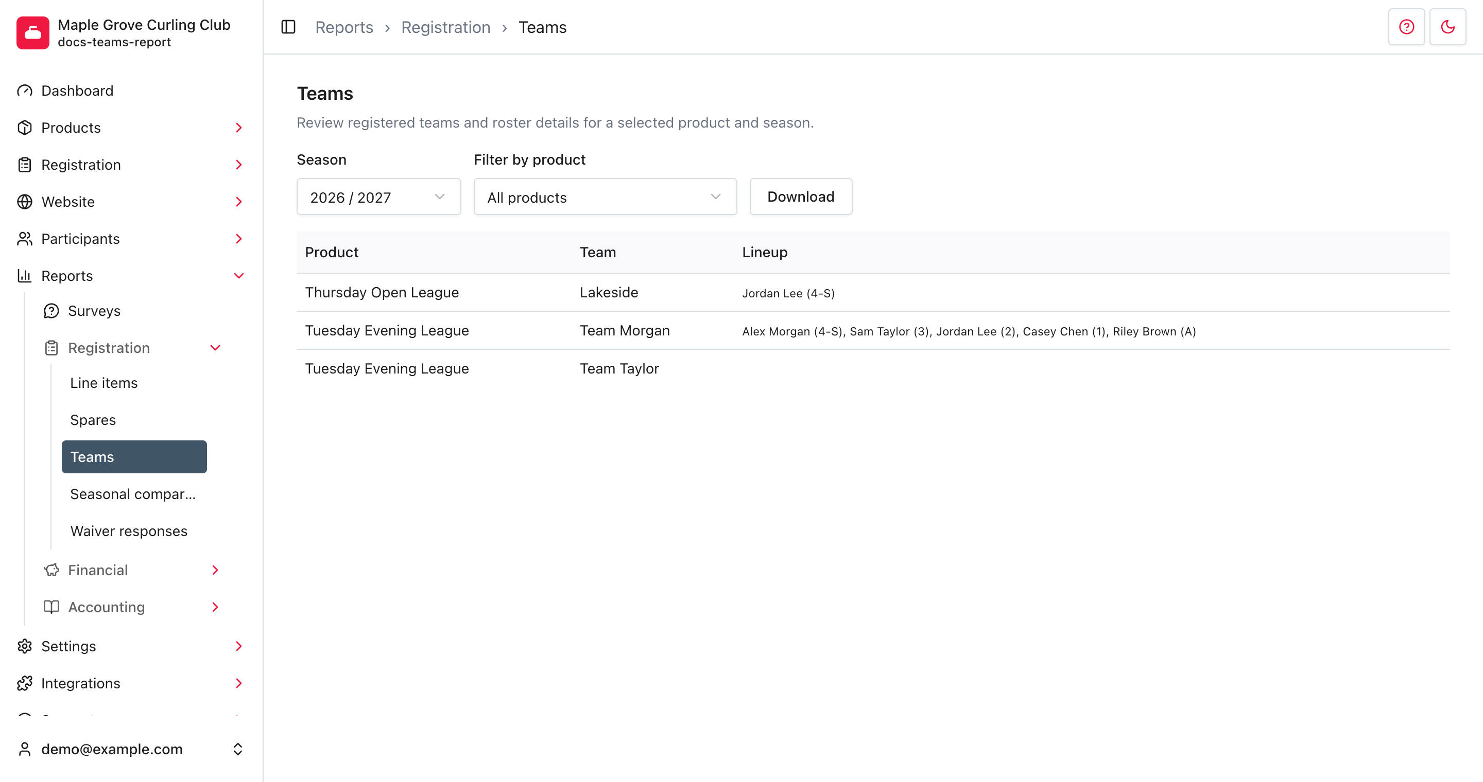 Teams report showing the navigation path and teams across two leagues