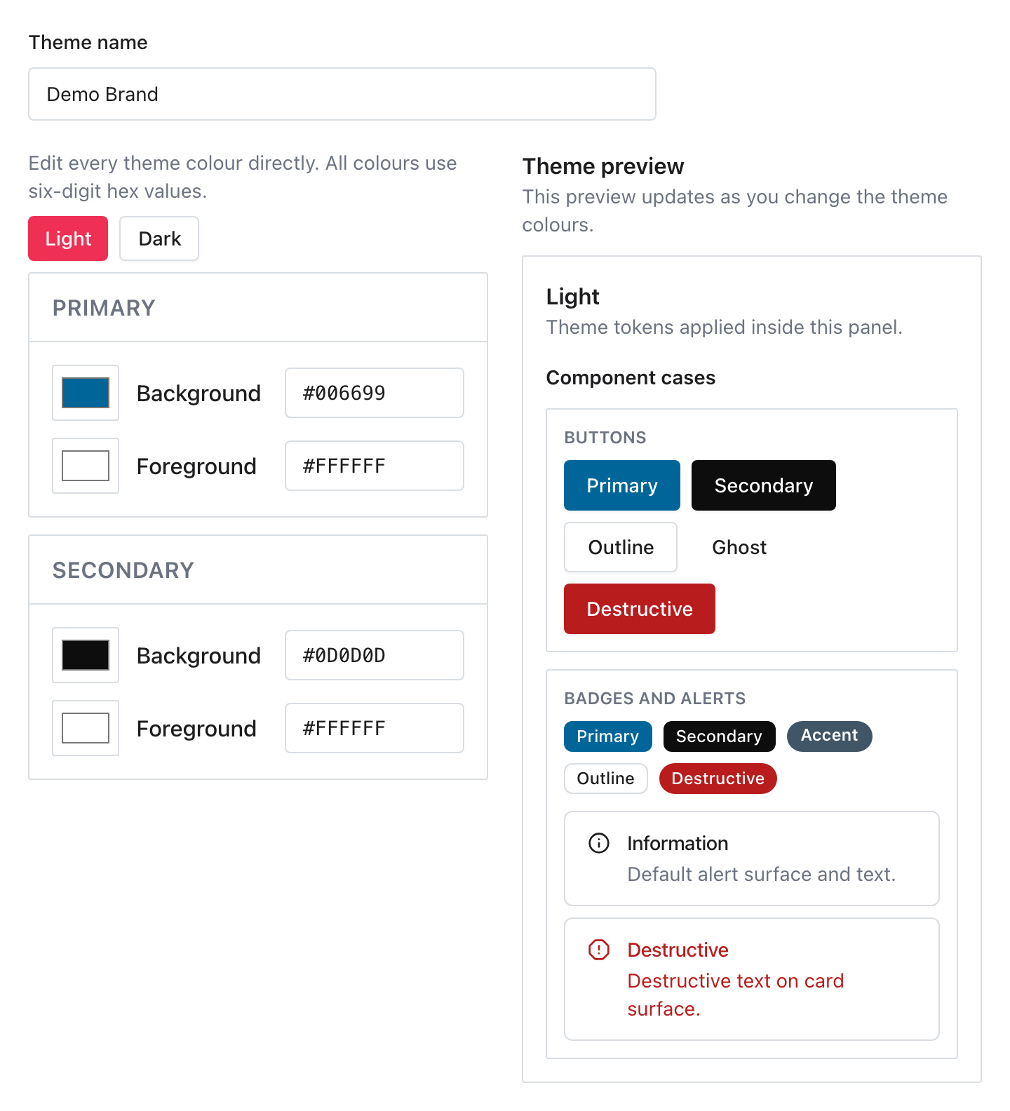 Custom theme editor with Light mode selected, the Primary and Secondary colour groups open, and a component preview beside the colour fields.