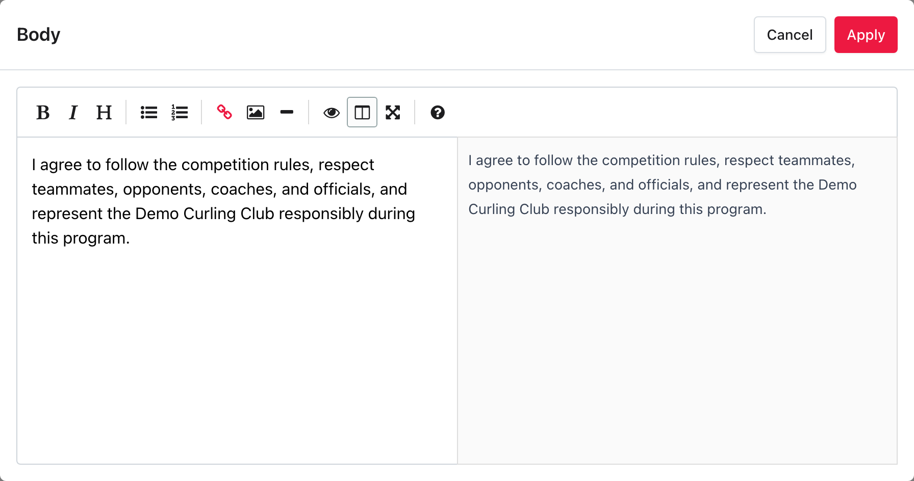 Waiver Markdown editor showing source text beside its formatted preview.