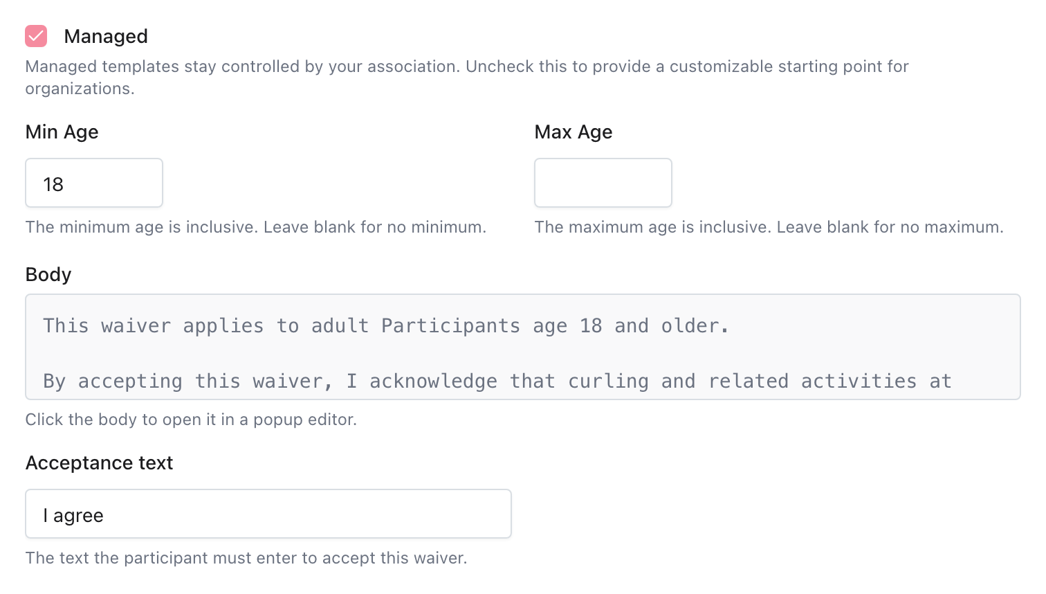 Association waiver template settings showing acceptance text and an inclusive adult age range.