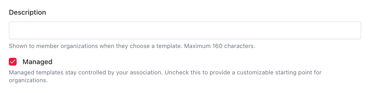 New association waiver template showing its Description and Managed choice.