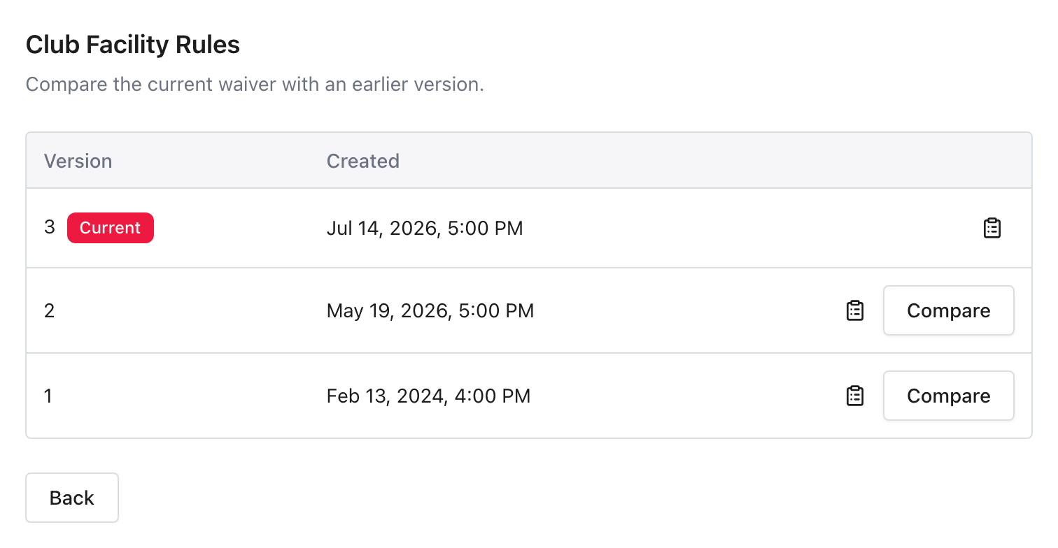 Waiver versions screen showing the current version and two earlier versions.