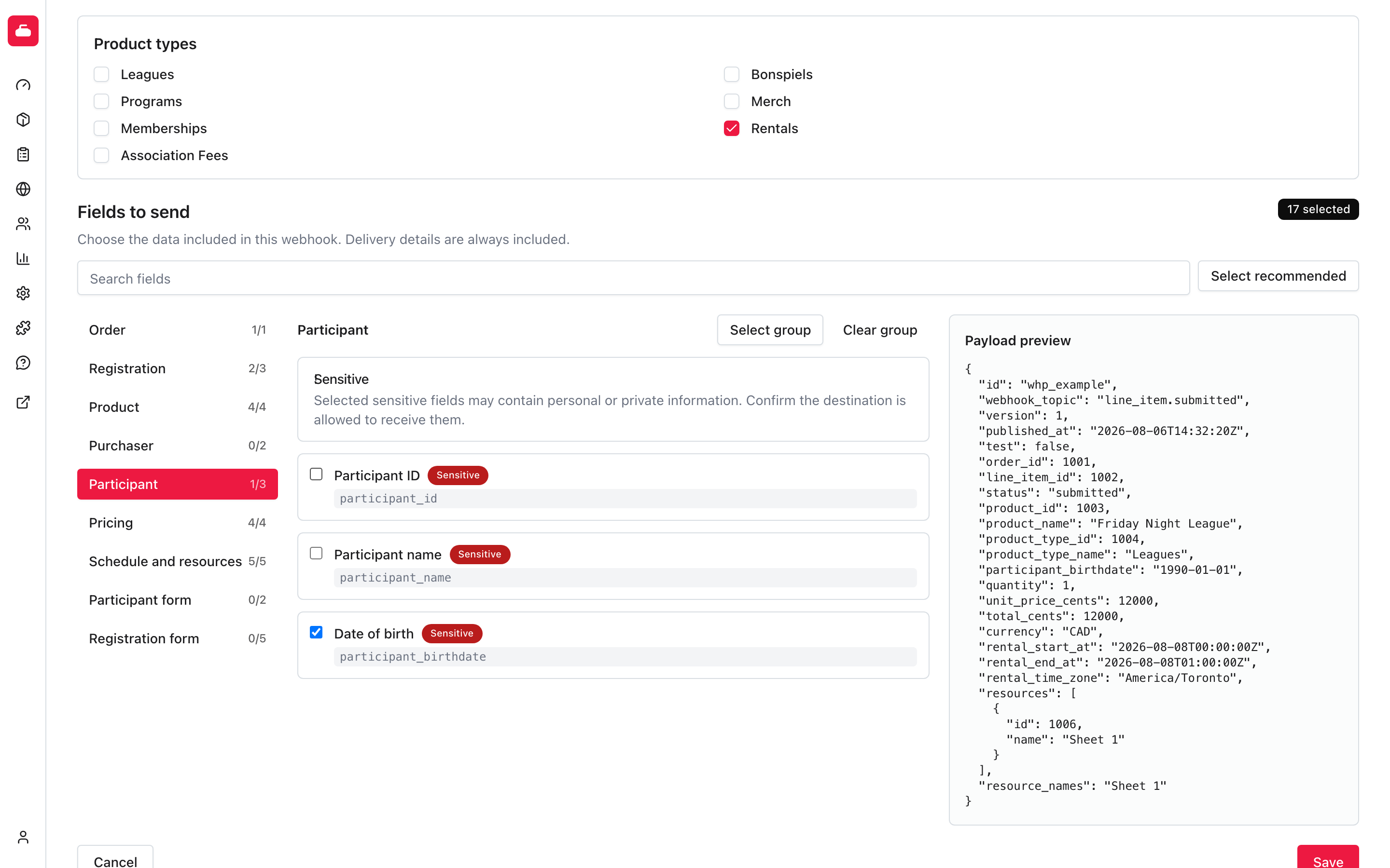 The webhook field picker showing groups, sensitive fields, and the payload preview.