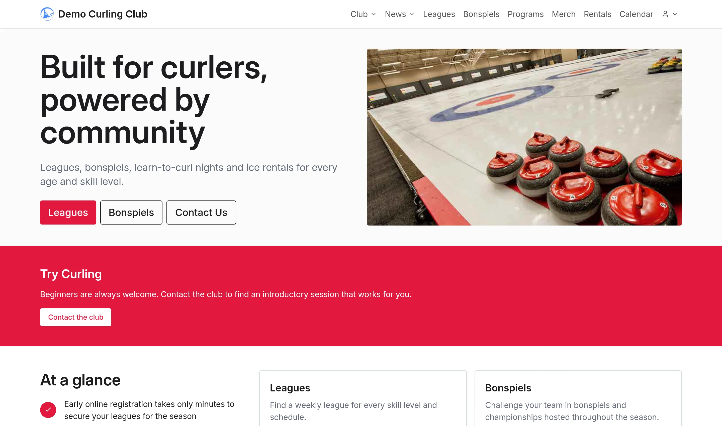 Published club homepage with a welcoming Try Curling section and a Contact the club button