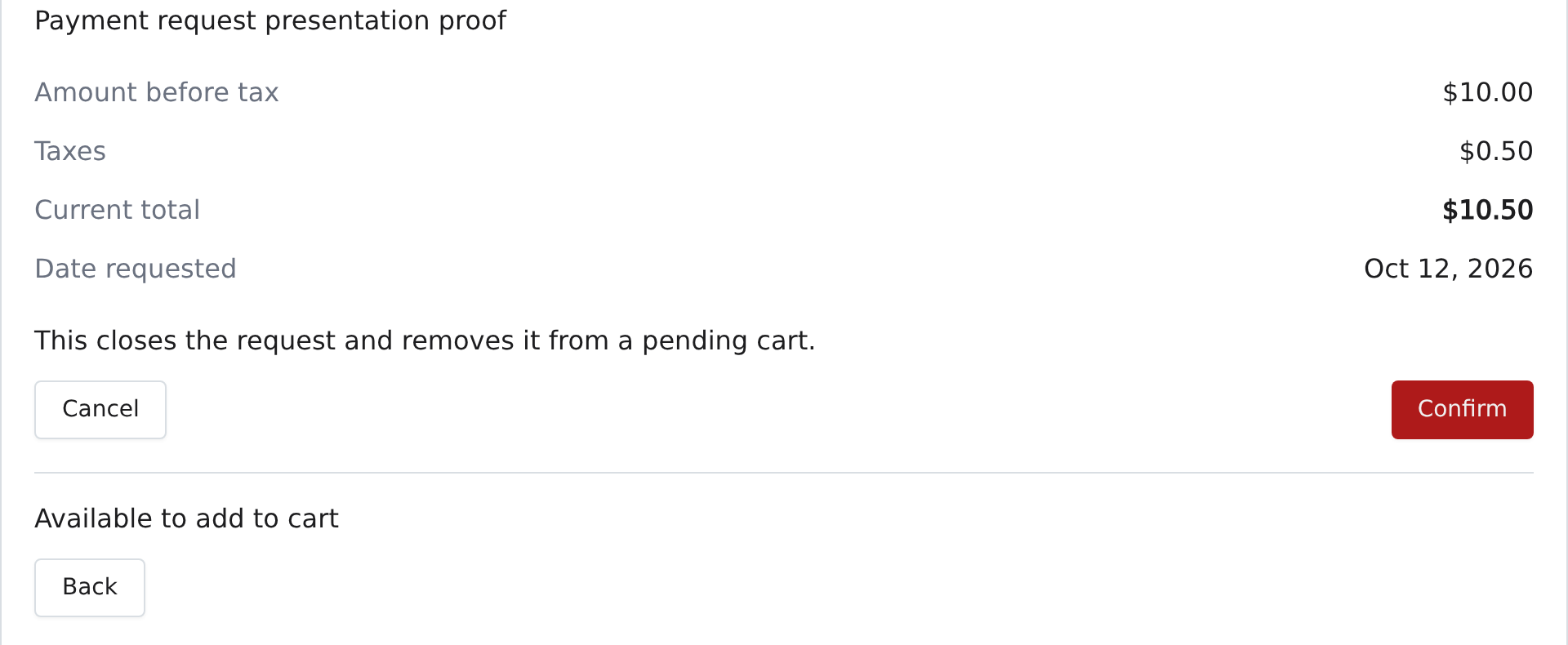 Confirmation d’archivage d’une demande disponible de 10,50 $, avec Annuler à gauche et Confirmer à droite. Le destinataire est hors du cadrage.