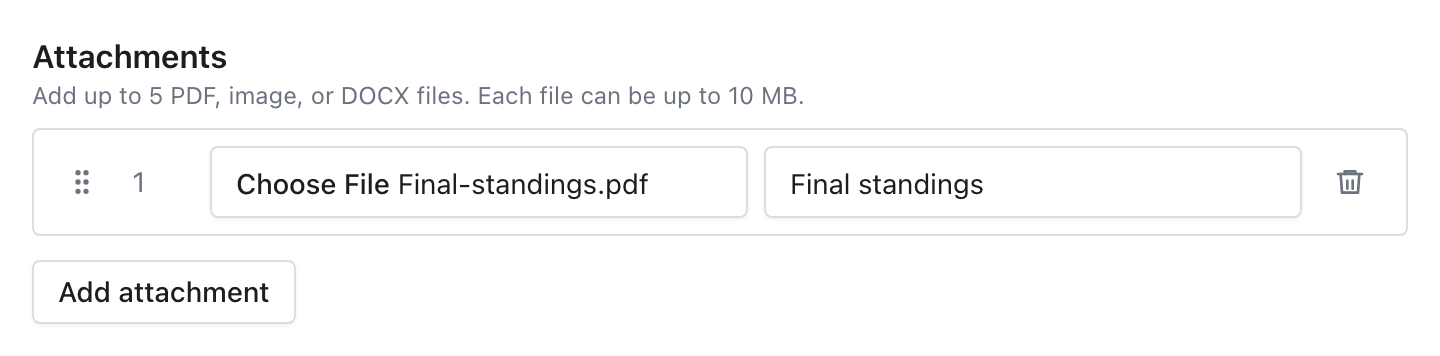 La section Pièces jointes avec un PDF de classement final, le texte du lien, un numéro de position, une poignée de déplacement et un bouton de retrait.