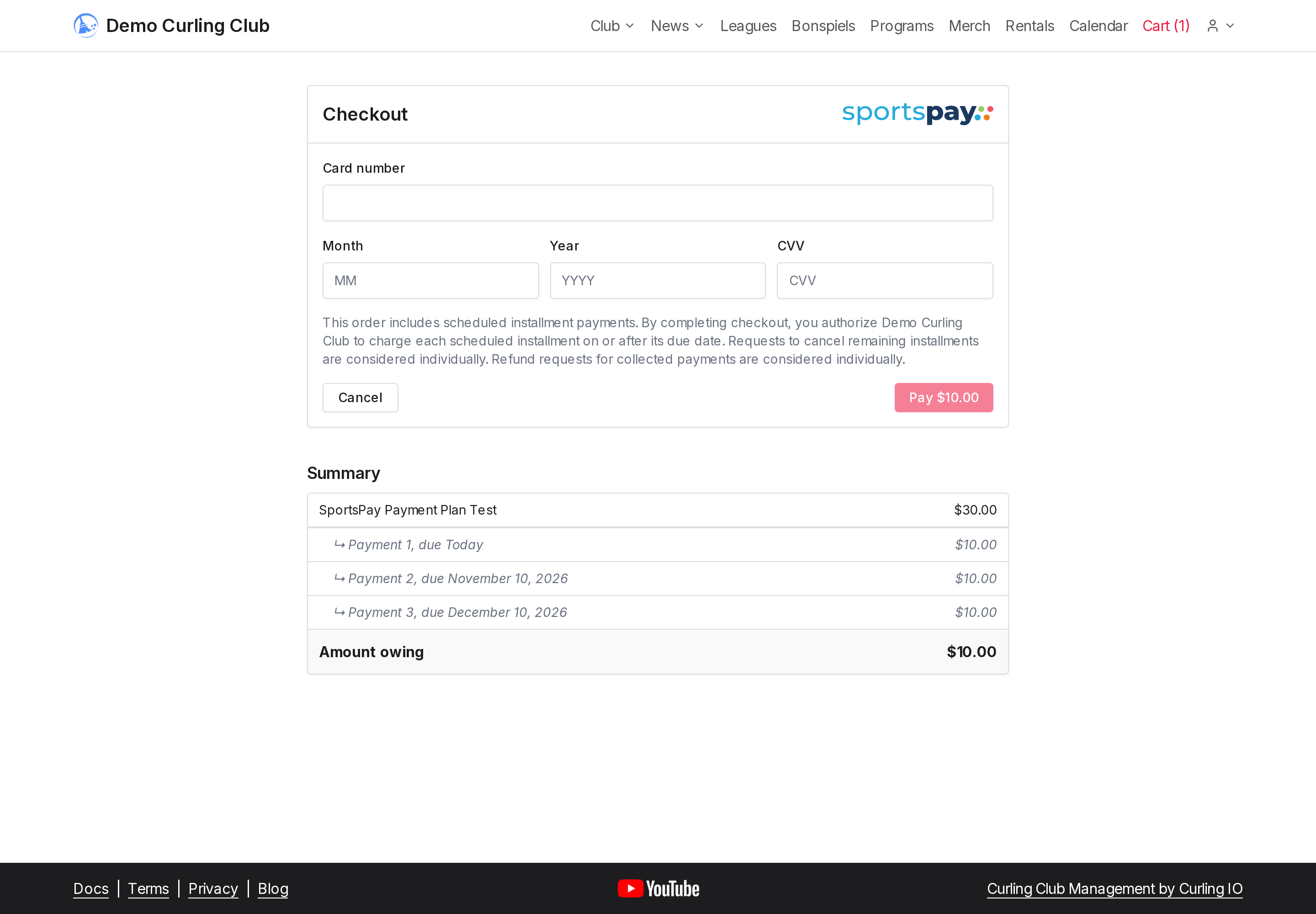 Une commande de démonstration montre un achat de 30 $ réparti en trois paiements de 10 $, les dates et le texte d’autorisation du club.