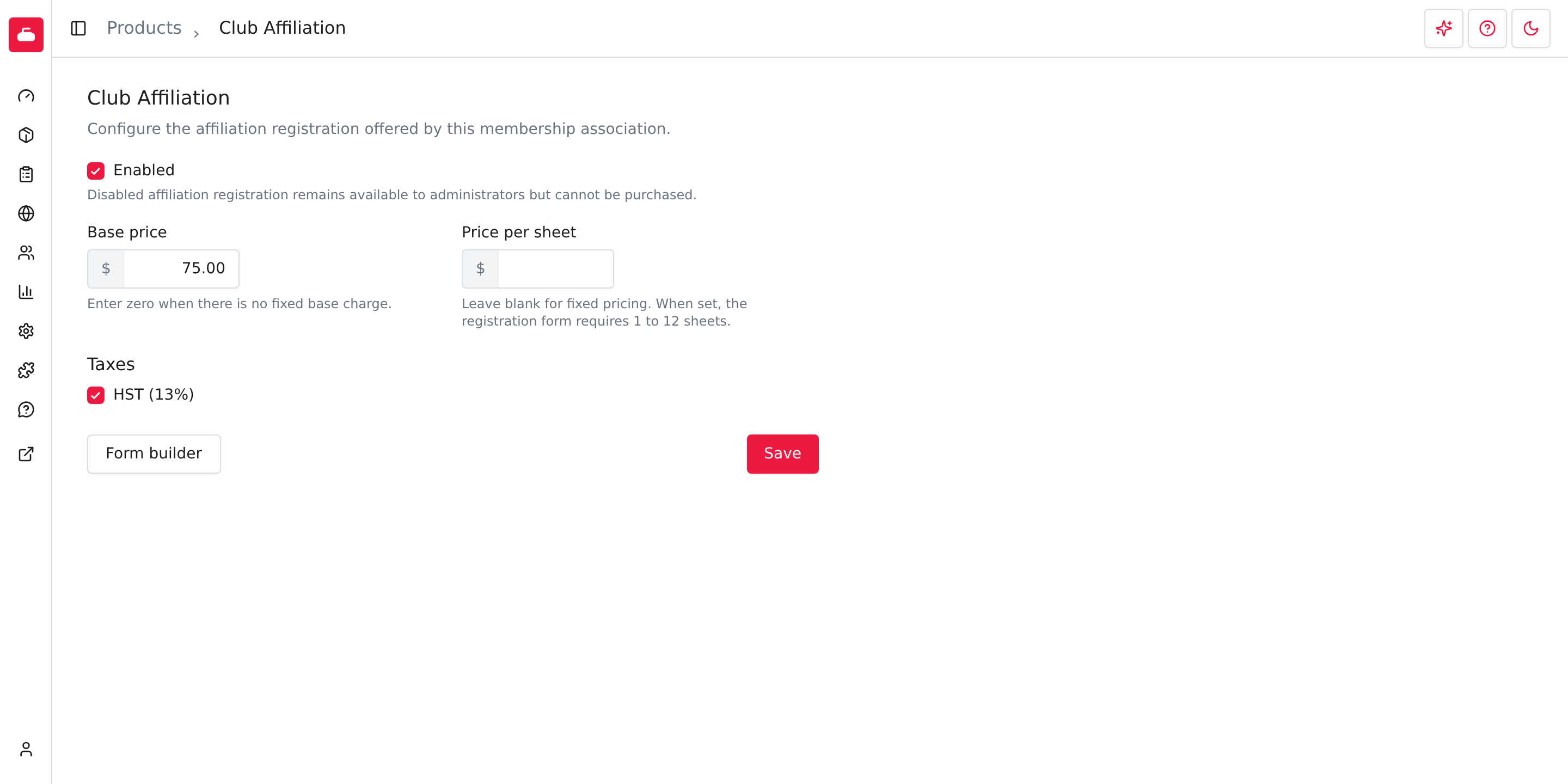 La configuration de l’affiliation du club : activation, prix de base, prix par piste, taxes, générateur de formulaire et enregistrement