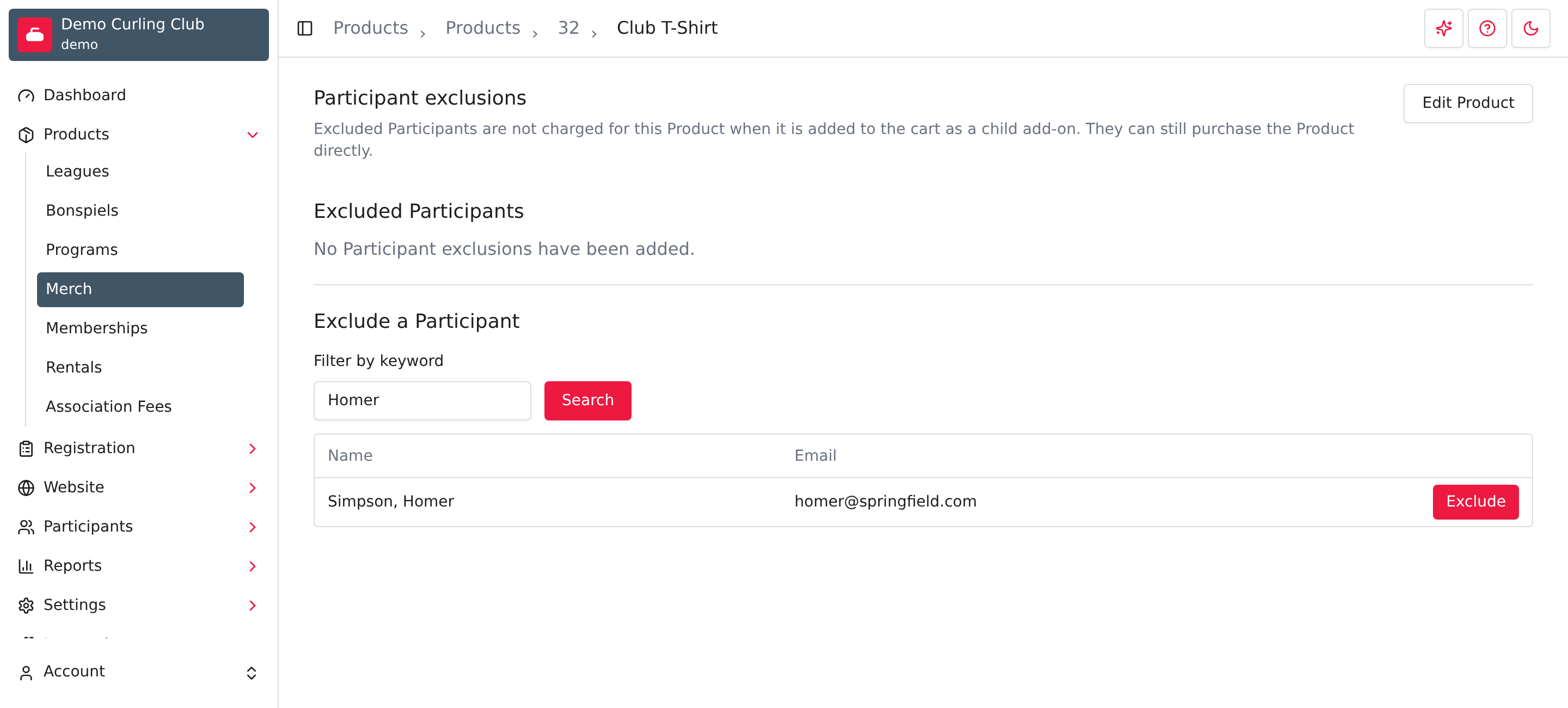 La recherche d’un participant fictif dans l’écran des exclusions du t-shirt du club.
