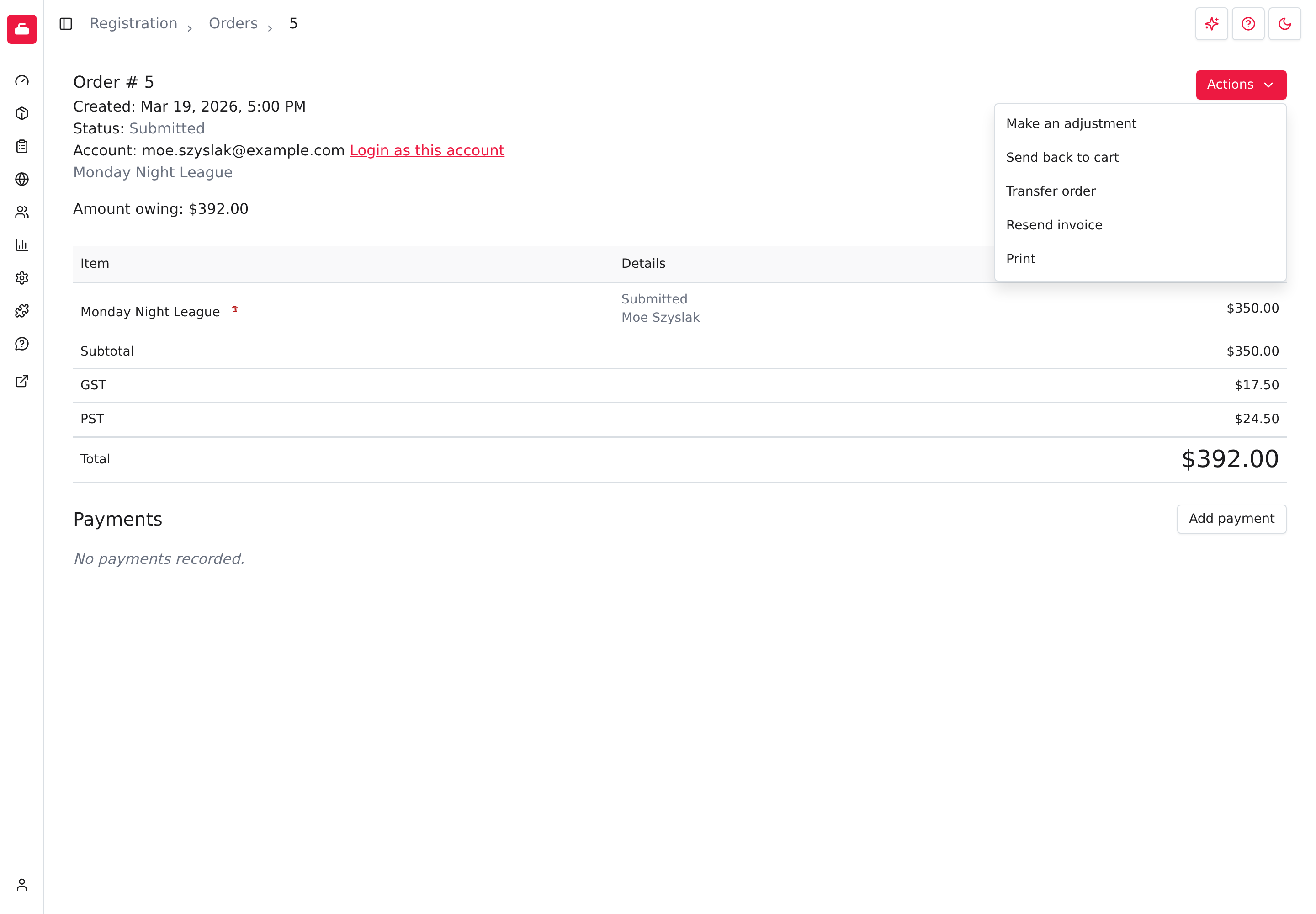 Menu Actions d’une commande soumise, avec Faire un ajustement, Renvoyer au panier, Transférer la commande, Renvoyer la facture et Imprimer.