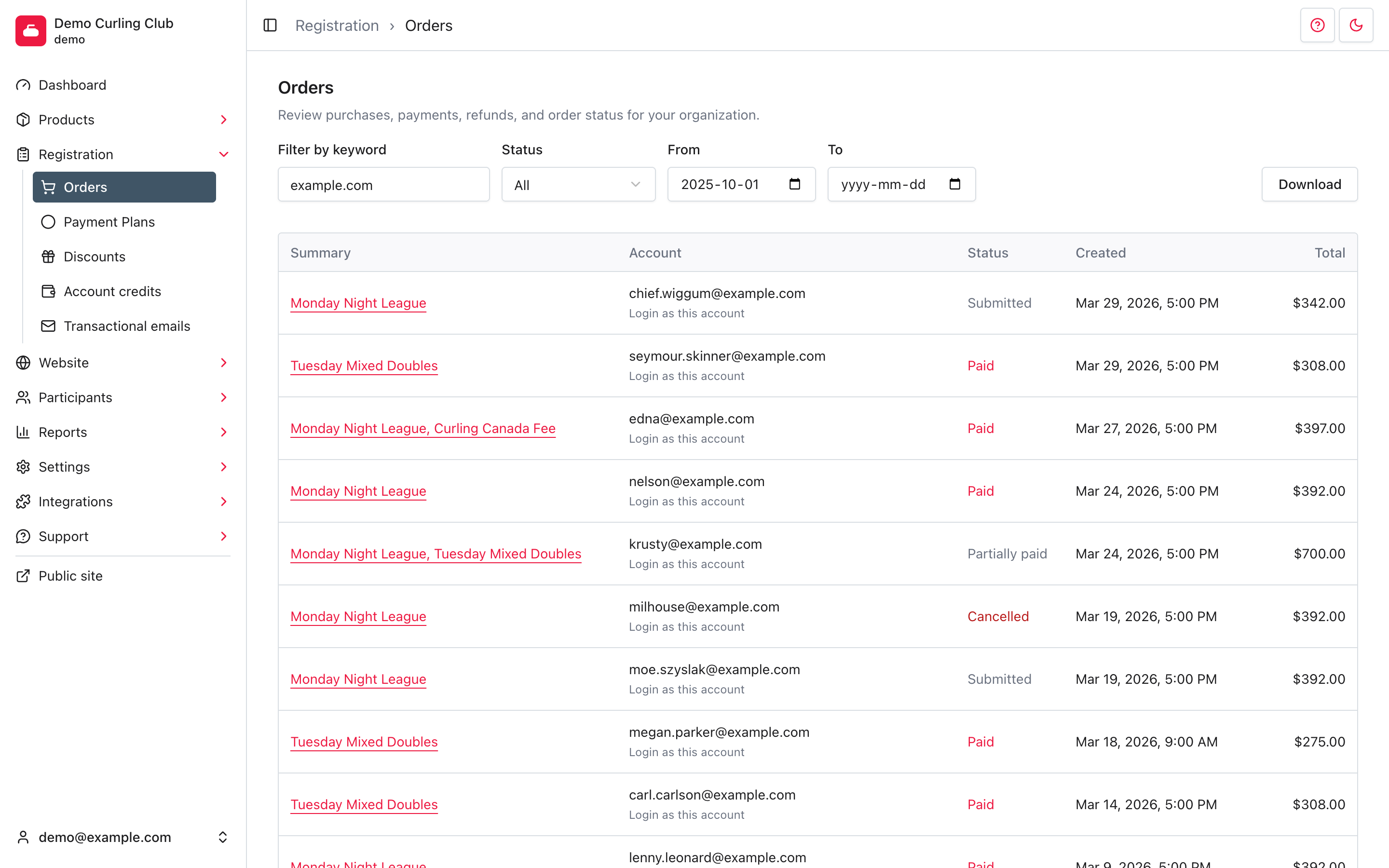 Commandes filtrées sur des comptes fictifs example.com, avec les résumés, les courriels des comptes, les statuts, les dates et les totaux.