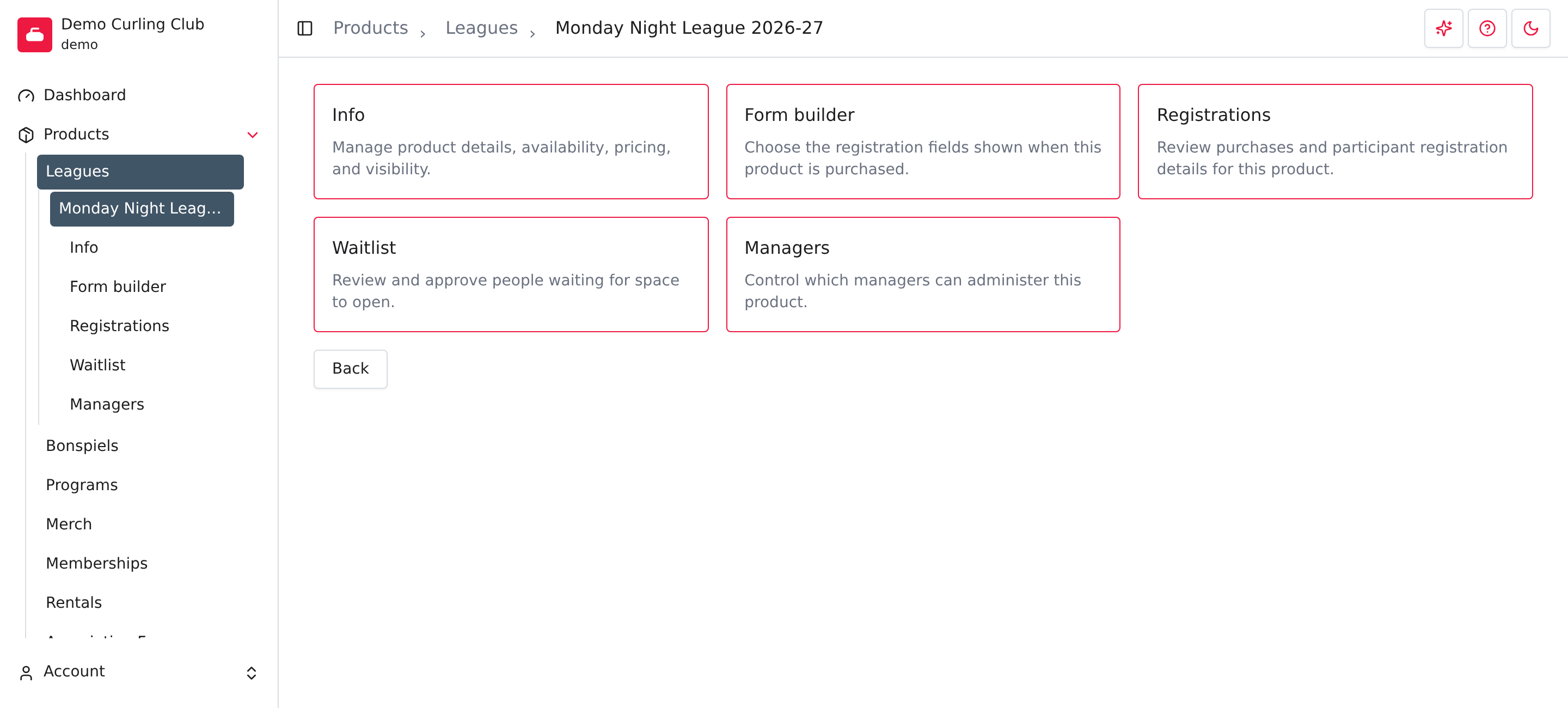 La page d’ensemble d’un produit de ligue avec l’accès à Information et Ligues en évidence dans la navigation d’administration.