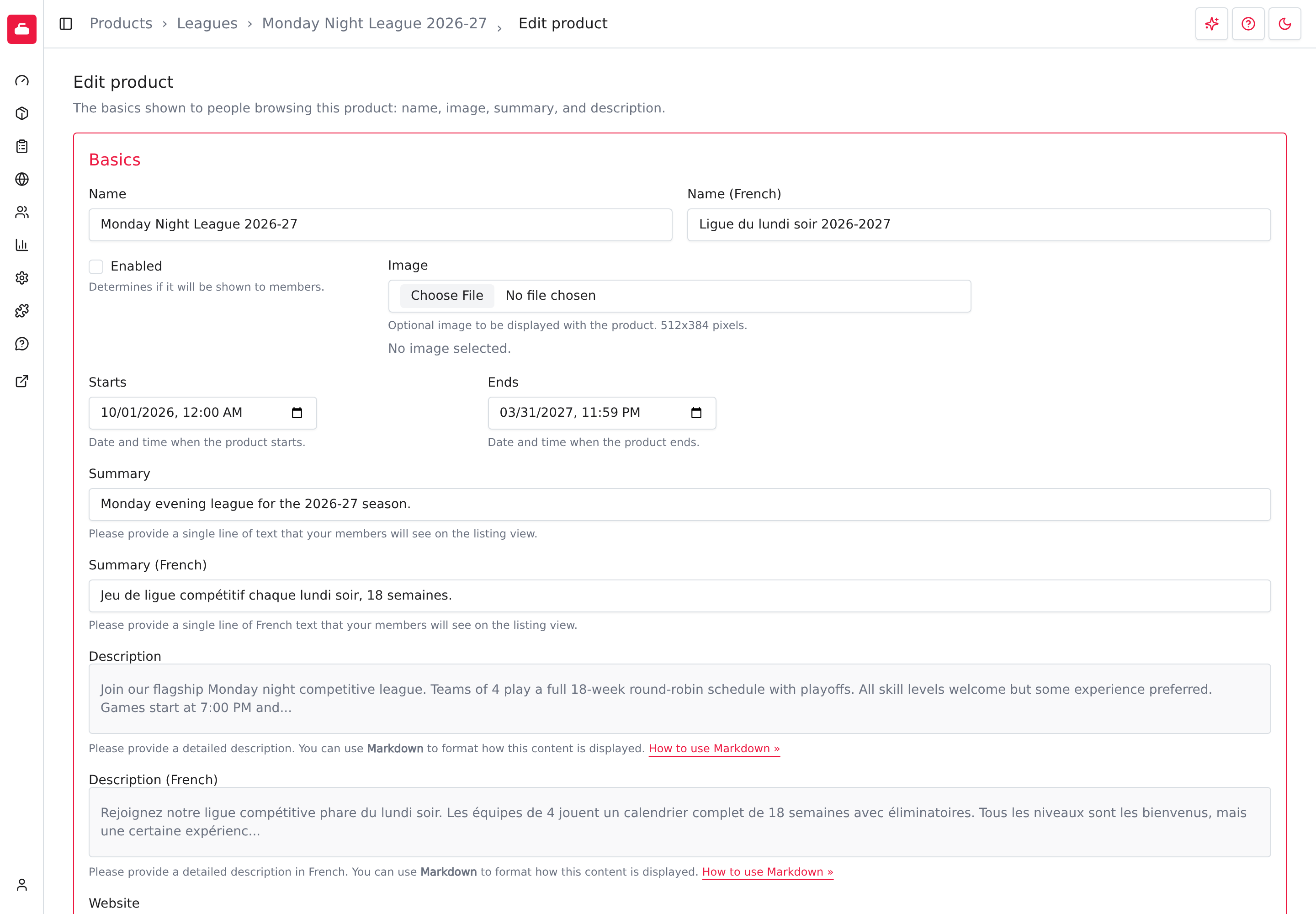 Une copie de ligue enregistrée avec son nouveau nom et ses dates, et Activé décoché pendant la vérification.