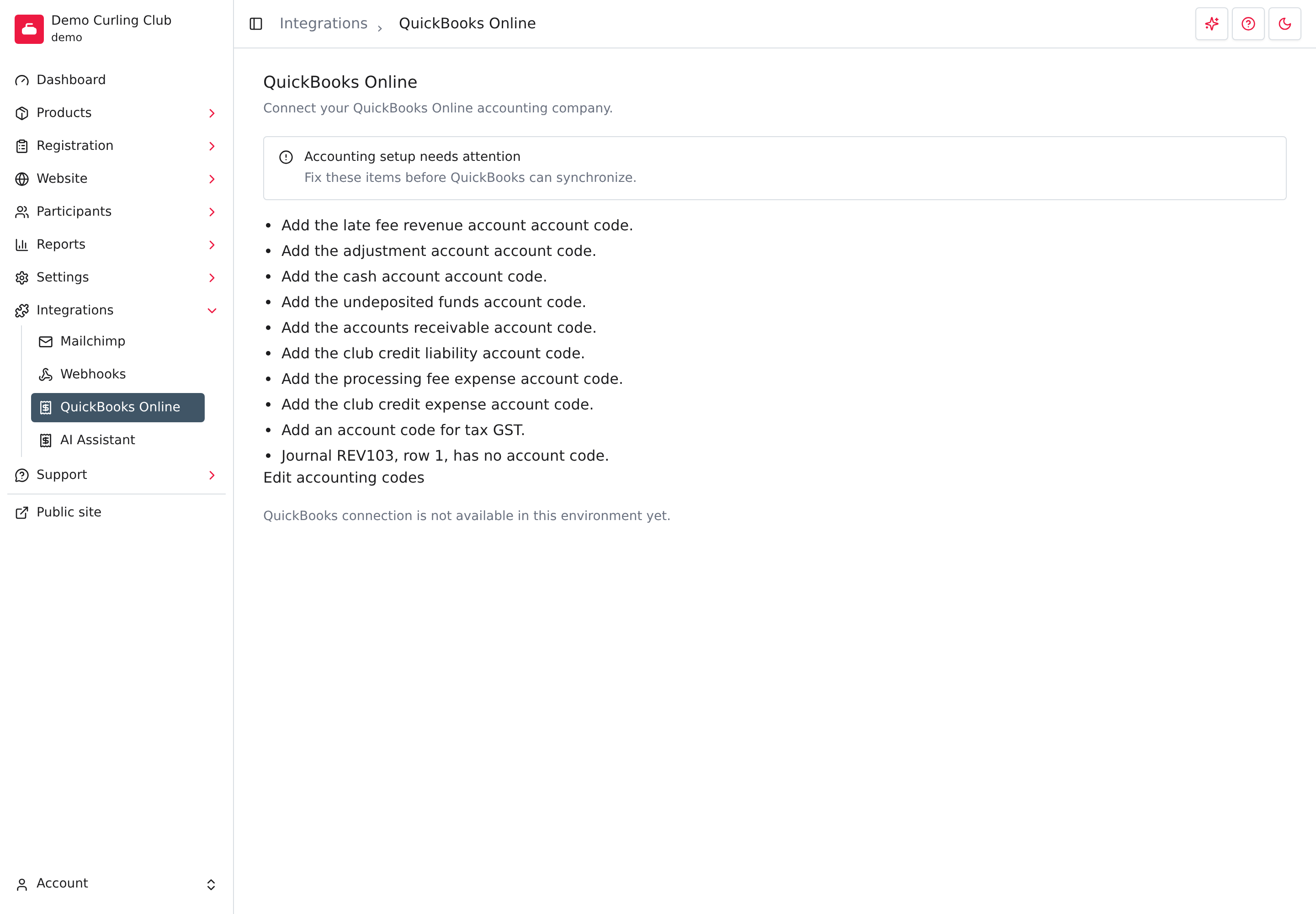 La page QuickBooks Online avec le menu Intégrations ouvert et une liste des codes de compte à ajouter.