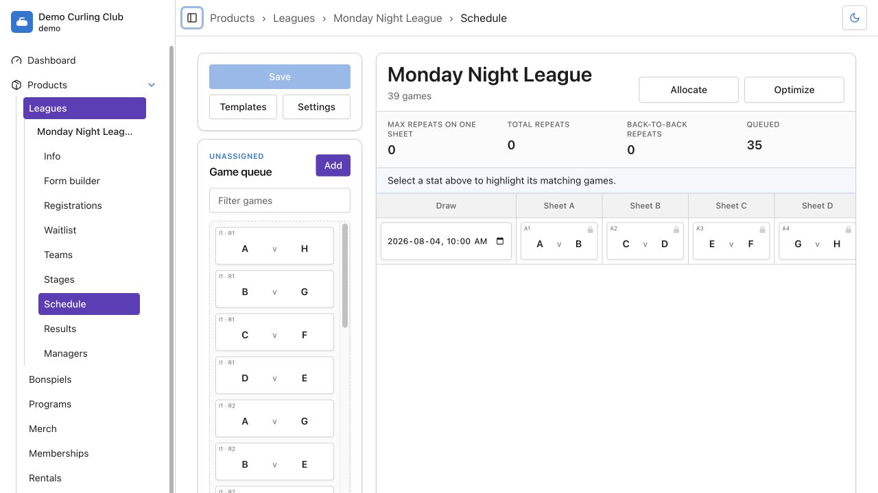 La ligue du lundi soir avec Calendrier sélectionné dans la navigation de l’événement.