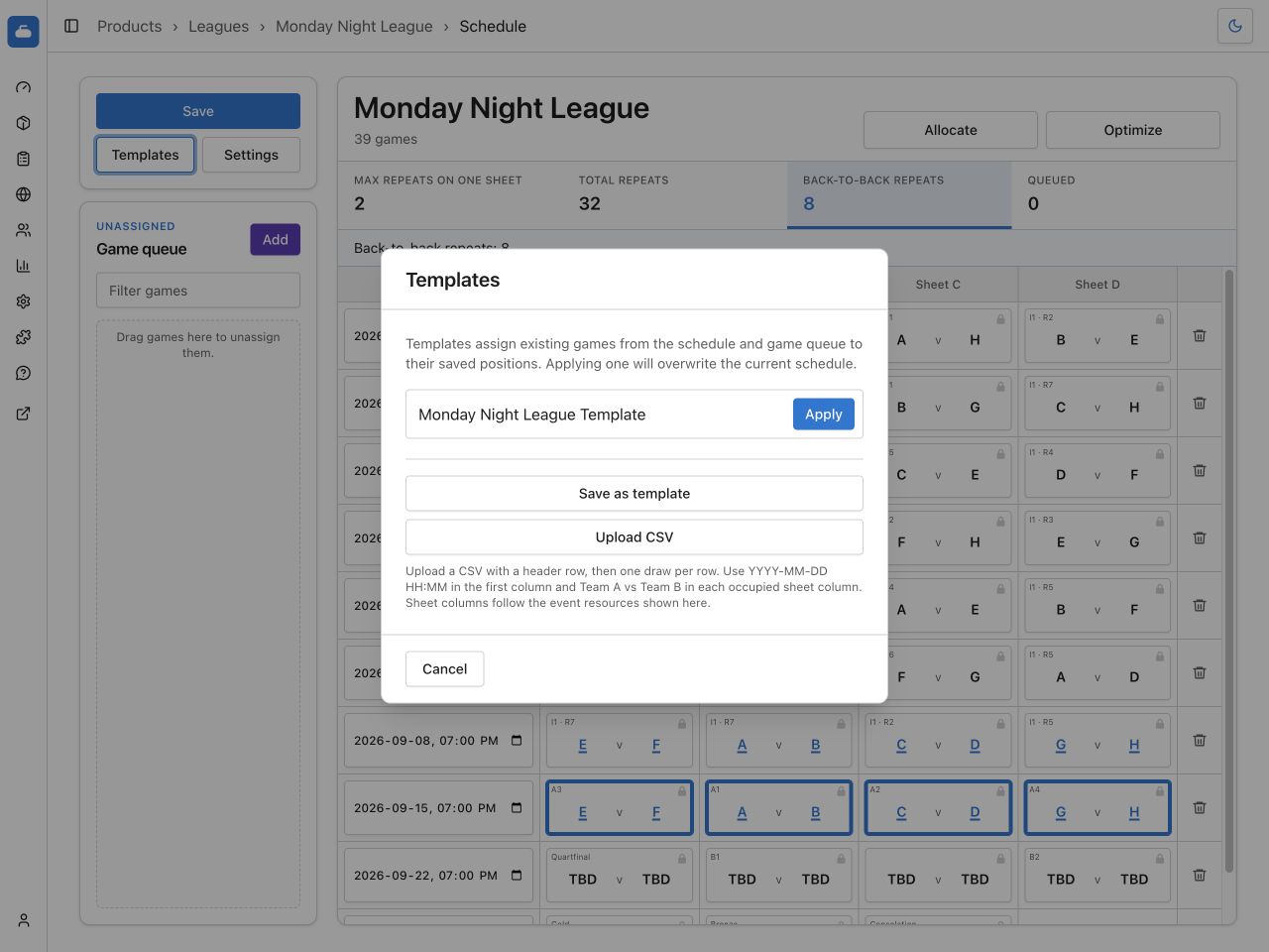 Fenêtre Modèles avec un modèle compatible, Enregistrer comme modèle et Téléverser un CSV