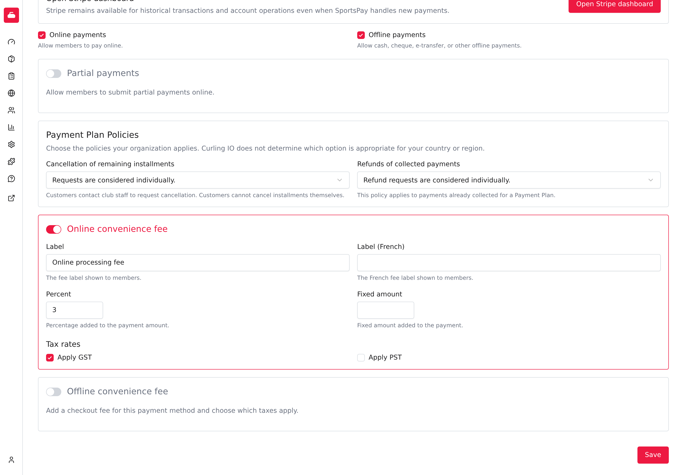 La fiche des frais de commodité en ligne avec des frais de 3 pour cent libellés Online processing fee et la TPS à appliquer cochée.