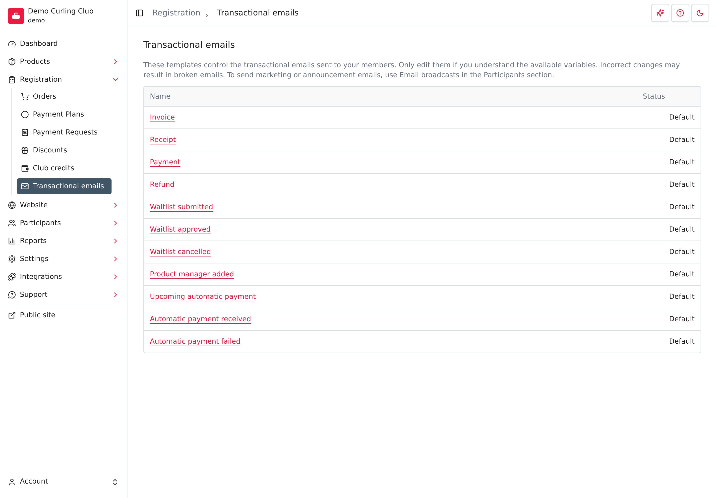 Catalogue des courriels transactionnels avec la navigation en évidence et les modèles de plan de paiement.