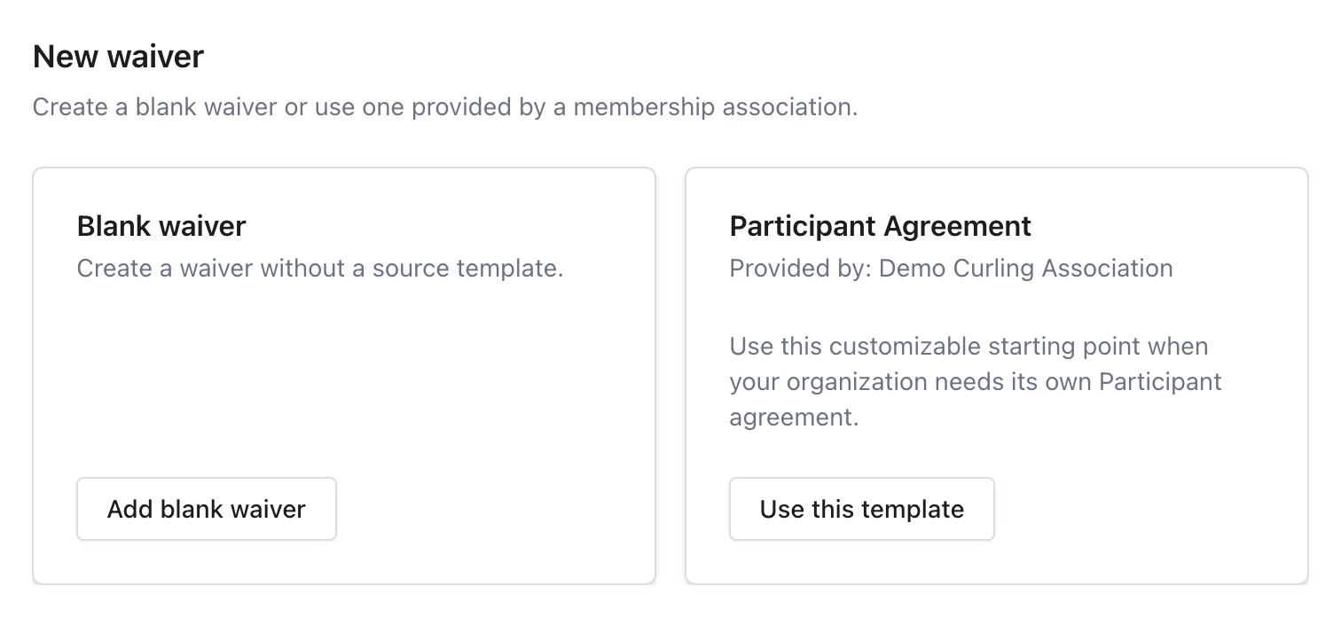 Le choix d’une nouvelle renonciation avec une renonciation vide et un accord de participant personnalisable de l’association de démonstration.