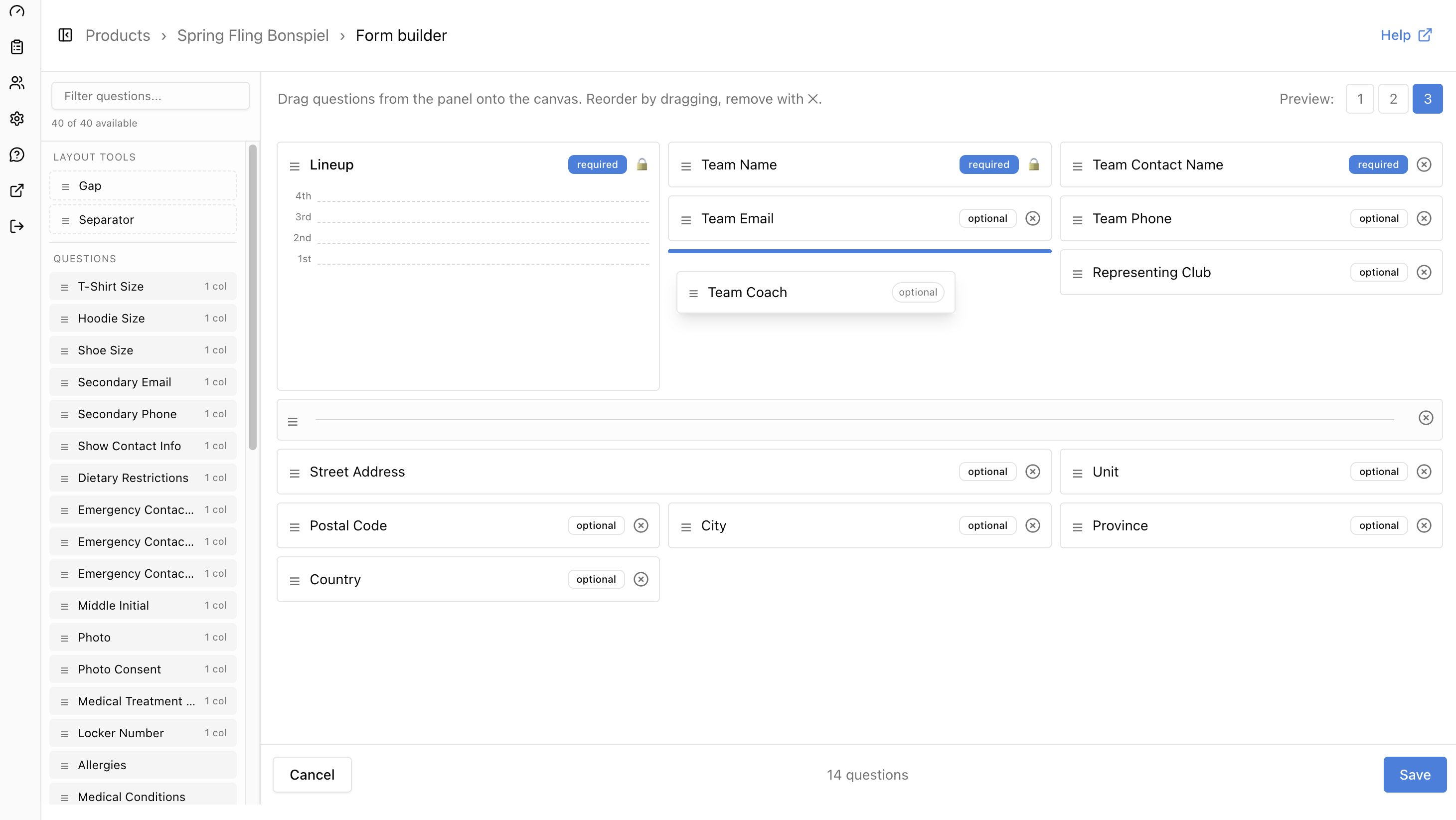 Spring Fling Bonspiel form builder showing lineup, team contact questions, a separator, and address fields