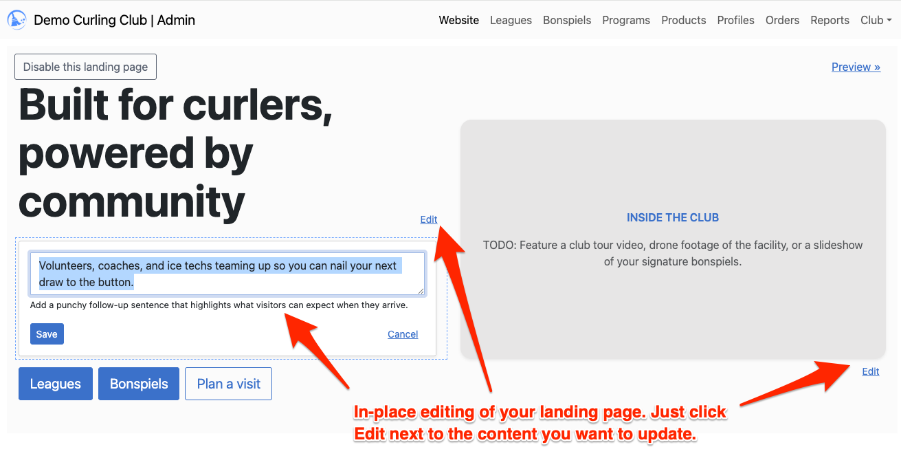 Inline landing page editing